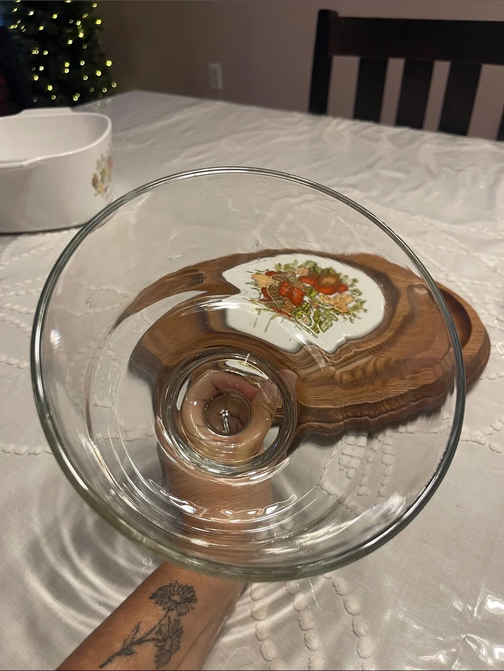 Corningware Orange Floral Ceramic Plate with Clear Glass Dome and Wooden Base